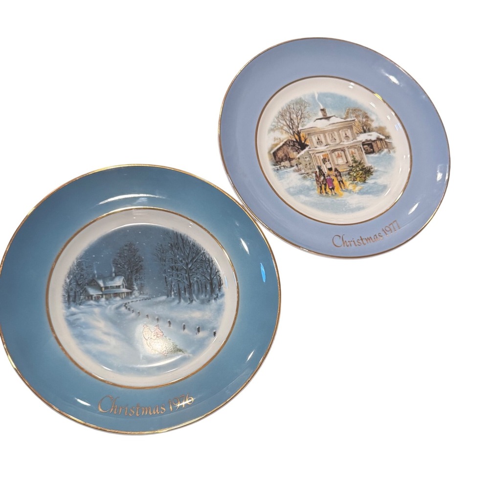 Vintage Avon Christmas 2 Plate Series 1976 Bringing Home the Tree 1977 Carolers